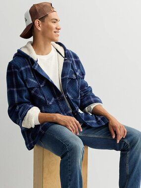 TRINITY COAST SHERPA-LINED BLUE PLAID HOODED POLAR FLEECE JACKET SZ MED NWT